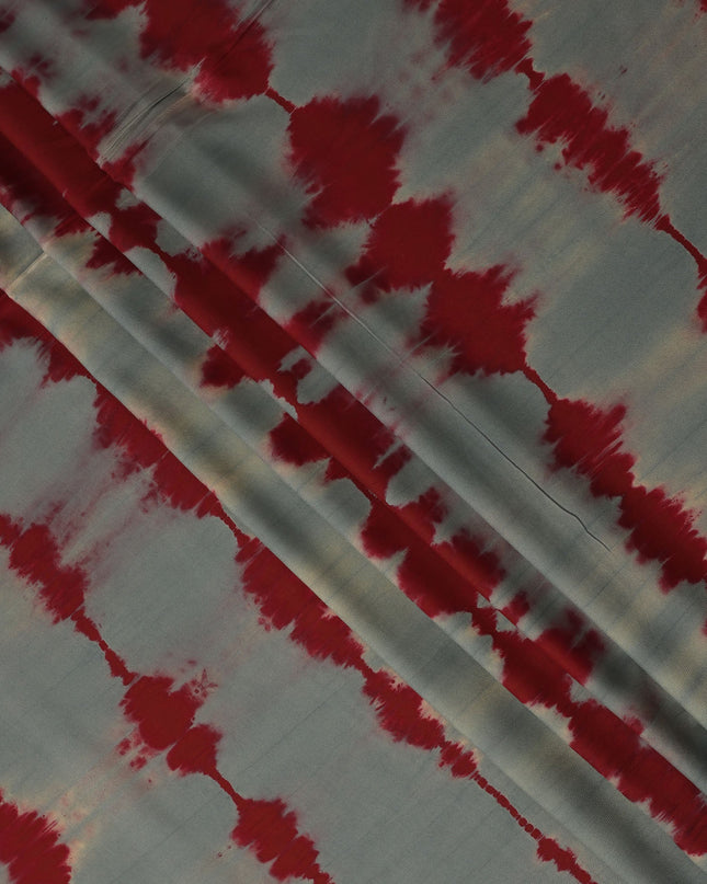 Grey and Maroon Linear Tie-Dye Patterned Viscose Crepe Fabric, 140 Cms Width, Made in India-D26366