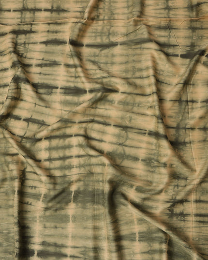 Beige and Olive Green Horizontal Tie-Dye Patterned Viscose Crepe Fabric, 140 Cms Width, Made in India-D26368