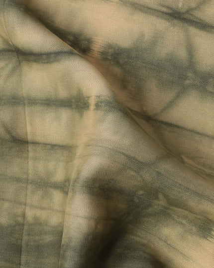 Beige and Olive Green Horizontal Tie-Dye Patterned Viscose Crepe Fabric, 140 Cms Width, Made in India-D26368