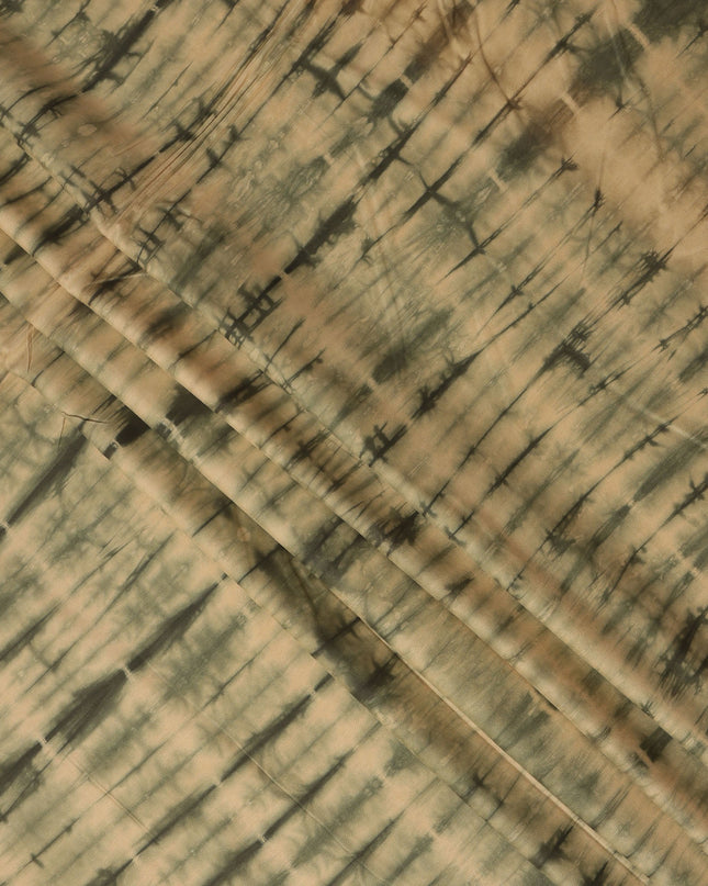 Beige and Olive Green Horizontal Tie-Dye Patterned Viscose Crepe Fabric, 140 Cms Width, Made in India-D26368