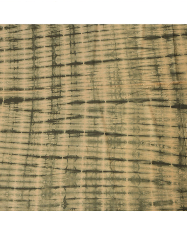 Beige and Olive Green Horizontal Tie-Dye Patterned Viscose Crepe Fabric, 140 Cms Width, Made in India-D26368