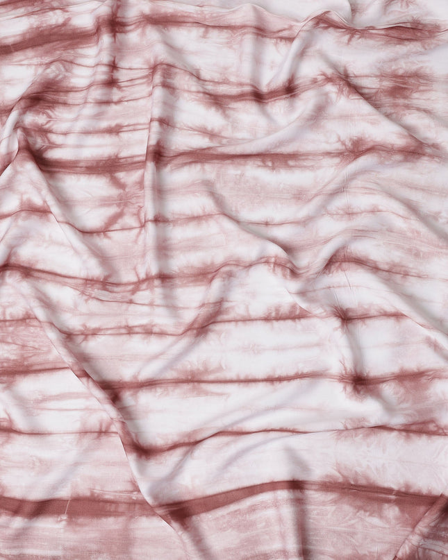 Rosewood and White Horizontal Tie-Dye Patterned Viscose Crepe Fabric, 140 Cms Width, Made in India-D26369