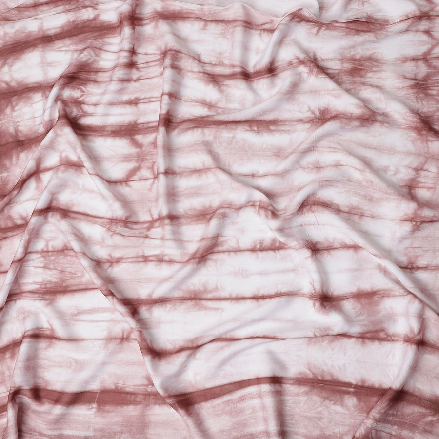 Rosewood and White Horizontal Tie-Dye Patterned Viscose Crepe Fabric, 140 Cms Width, Made in India-D26369