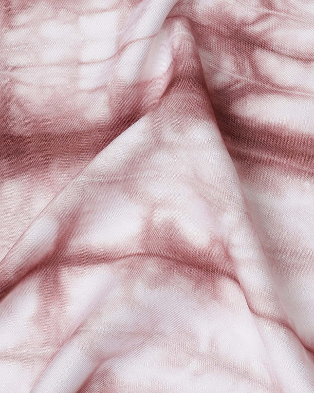 Rosewood and White Horizontal Tie-Dye Patterned Viscose Crepe Fabric, 140 Cms Width, Made in India-D26369