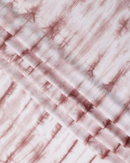 Rosewood and White Horizontal Tie-Dye Patterned Viscose Crepe Fabric, 140 Cms Width, Made in India-D26369