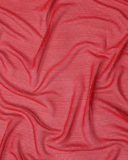 Red Synthetic Chiffon Traditional Sudanese Thobe with Stone Work, 4.5 Mtrs Piece, Width 110 Cms, Made in India-D26447
