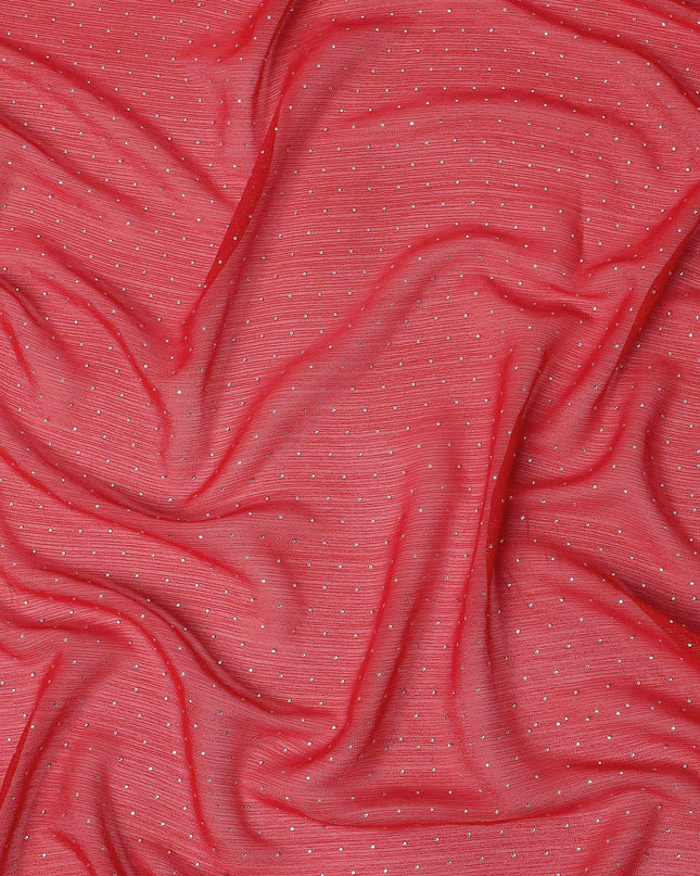 Red Synthetic Chiffon Traditional Sudanese Thobe with Stone Work, 4.5 Mtrs Piece, Width 110 Cms, Made in India-D26447