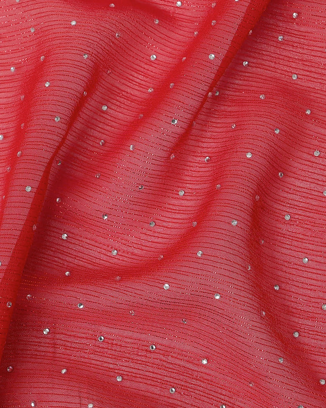 Red Synthetic Chiffon Traditional Sudanese Thobe with Stone Work, 4.5 Mtrs Piece, Width 110 Cms, Made in India-D26447