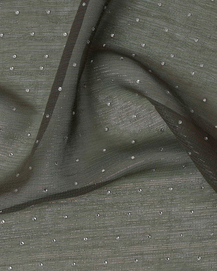 Olive Green Synthetic Chiffon Traditional Sudanese Thobe with Stone Work, 4.5 Mtrs Piece, Width 110 Cms, Made in India-D26456