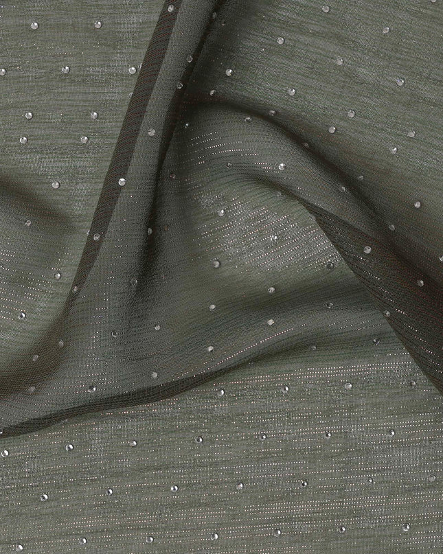 Olive Green Synthetic Chiffon Traditional Sudanese Thobe with Stone Work, 4.5 Mtrs Piece, Width 110 Cms, Made in India-D26456