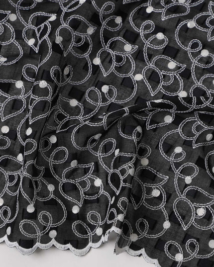 Black Traditional Sudanese Thobe Swiss Cotton Voile Embroidery Fabric 4.5 Mtrs Piece, 140 Cms, Switzerland-D27025
