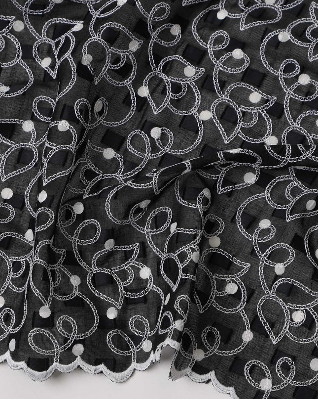 Black Traditional Sudanese Thobe Swiss Cotton Voile Embroidery Fabric 4.5 Mtrs Piece, 140 Cms, Switzerland-D27025