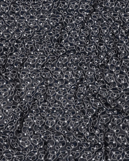 Black Traditional Sudanese Thobe Swiss Cotton Voile Embroidery Fabric 4.5 Mtrs Piece, 140 Cms, Switzerland-D27026