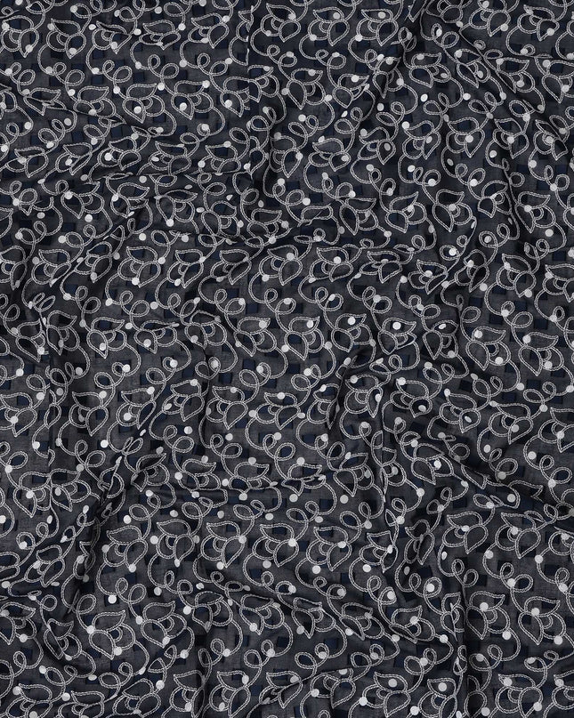 Black Traditional Sudanese Thobe Swiss Cotton Voile Embroidery Fabric 4.5 Mtrs Piece, 140 Cms, Switzerland-D27026