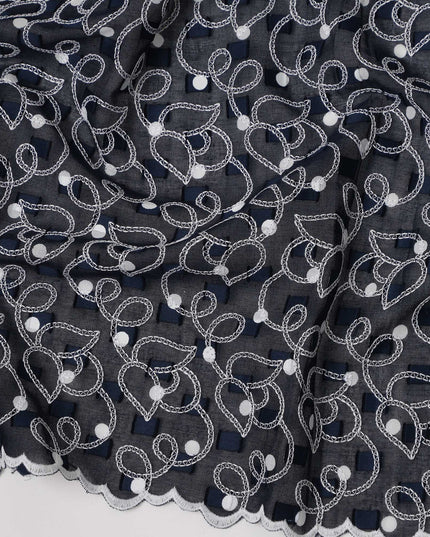 Black Traditional Sudanese Thobe Swiss Cotton Voile Embroidery Fabric 4.5 Mtrs Piece, 140 Cms, Switzerland-D27026