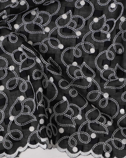 Black Traditional Sudanese Thobe Premium Swiss Cotton Voile Embroidery Fabric 4.5 Mtrs Piece, 140 Cms, Switzerland-D27027