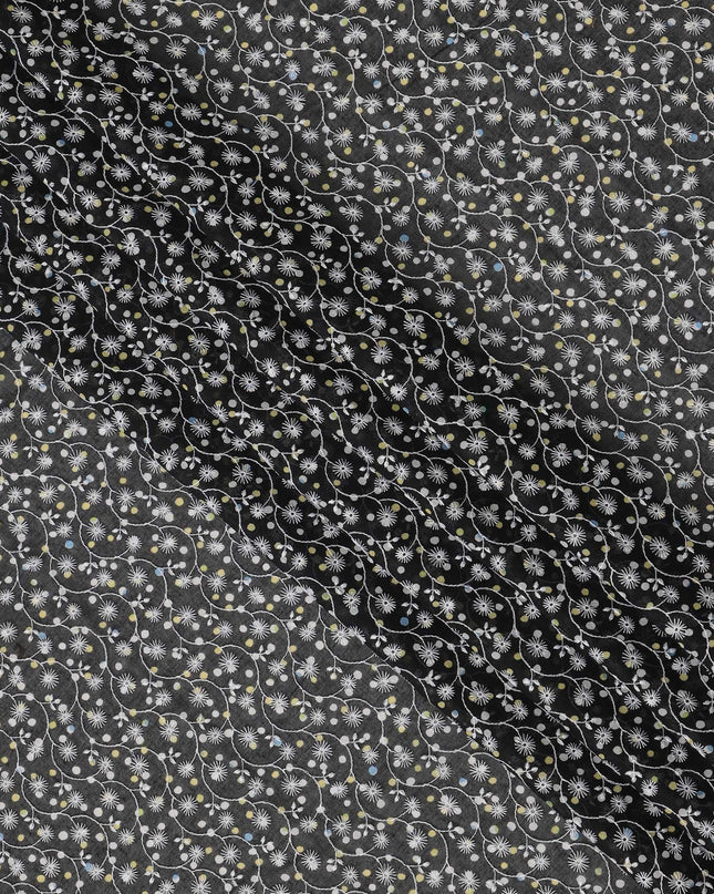 Black Traditional Sudanese Thobe Premium Swiss Cotton Voile Embroidery Fabric 4.5 Mtrs Piece, 140 Cms, Switzerland-D27031