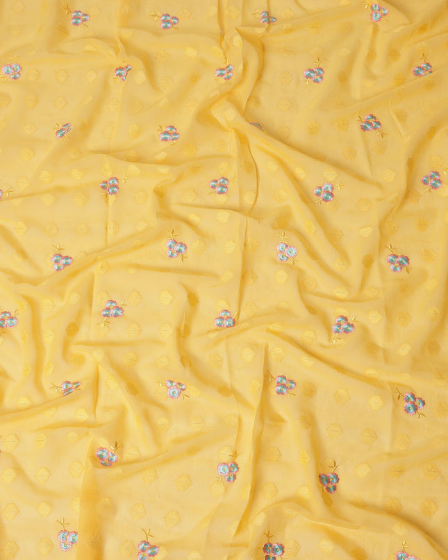 Yellow Traditional Sudanese Thobe Fabric Pure Cotton Voile 4.5 Meters Piece Width 140 Cms Soft Breathable Ethnic Wear Material with Elegant Woven Floral Motifs Made in India-D27586