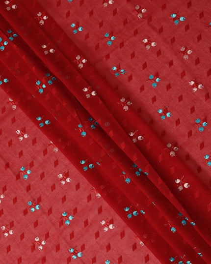 Red Traditional Sudanese Thobe Fabric Pure Cotton Voile 4.5 Meters Piece Width 140 Cms Soft Breathable Ethnic Wear Material with Elegant Woven Motifs Made in India-D27587