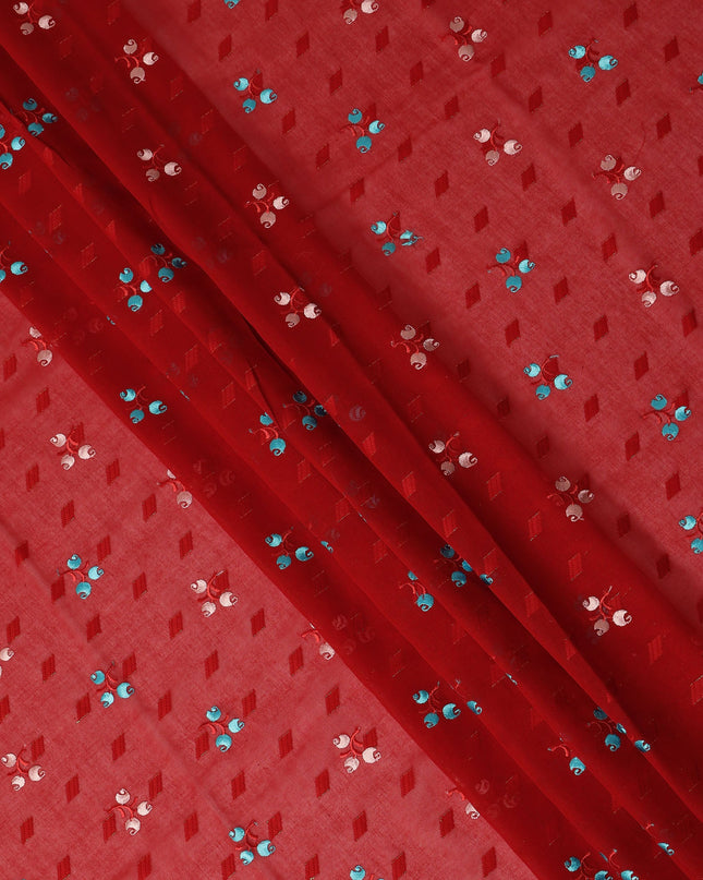 Red Traditional Sudanese Thobe Fabric Pure Cotton Voile 4.5 Meters Piece Width 140 Cms Soft Breathable Ethnic Wear Material with Elegant Woven Motifs Made in India-D27587