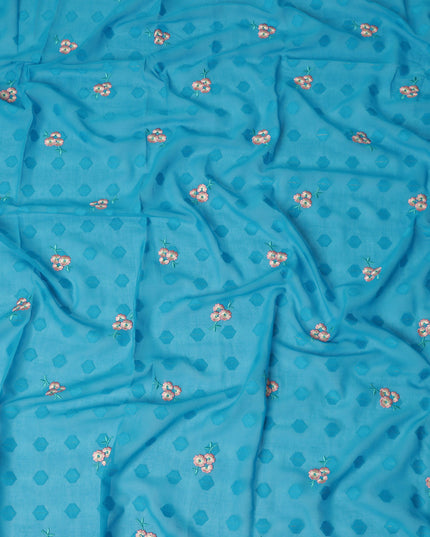 Turquoise Blue Traditional Sudanese Thobe Fabric Pure Cotton Voile 4.5 Meters Piece Width 140 Cms Soft Breathable Ethnic Wear Material with Elegant Woven Floral Motifs Made in India-D27589