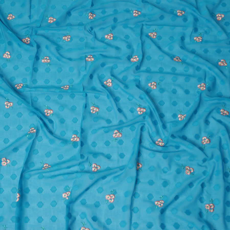 Turquoise Blue Traditional Sudanese Thobe Fabric Pure Cotton Voile 4.5 Meters Piece Width 140 Cms Soft Breathable Ethnic Wear Material with Elegant Woven Floral Motifs Made in India-D27589