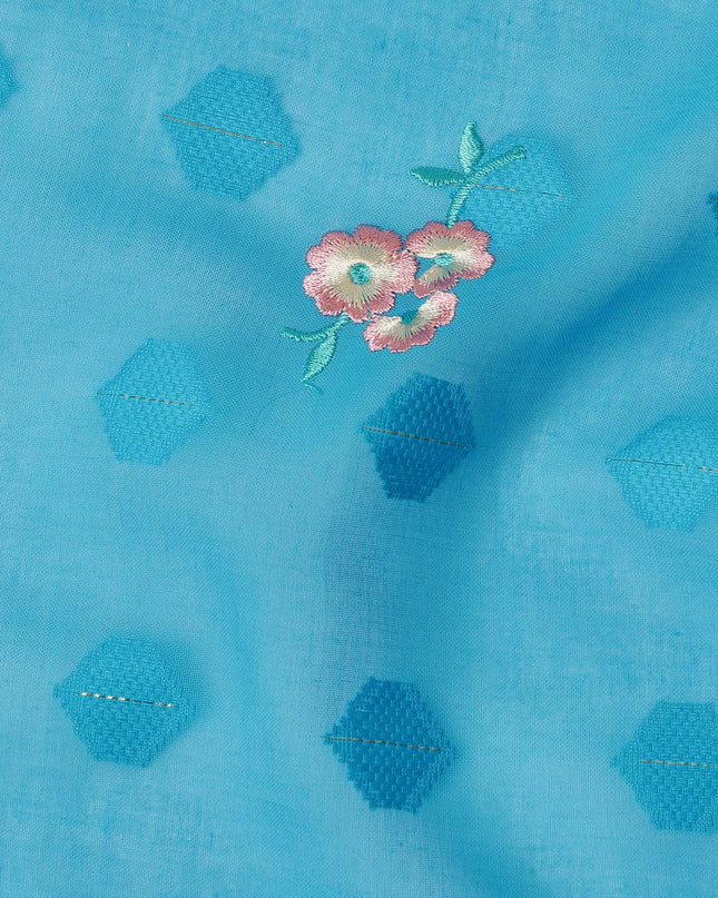 Turquoise Blue Traditional Sudanese Thobe Fabric Pure Cotton Voile 4.5 Meters Piece Width 140 Cms Soft Breathable Ethnic Wear Material with Elegant Woven Floral Motifs Made in India-D27589