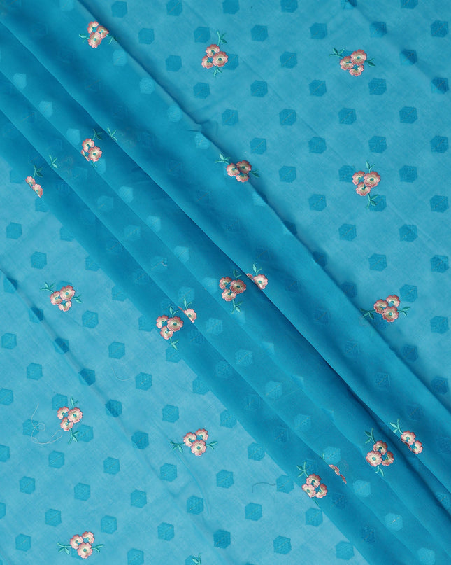 Turquoise Blue Traditional Sudanese Thobe Fabric Pure Cotton Voile 4.5 Meters Piece Width 140 Cms Soft Breathable Ethnic Wear Material with Elegant Woven Floral Motifs Made in India-D27589