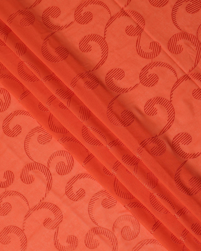 Coral Orange Traditional Sudanese Thobe Fabric Pure Cotton Voile 4.5 Meters Piece Width 140 Cms Soft Breathable Ethnic Wear Material with Elegant Woven Swirl Motifs Made in India-D27593