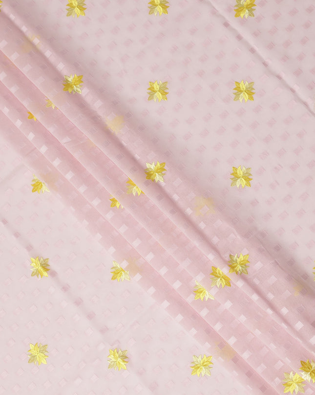 Light Pink Traditional Sudanese Thobe Fabric Pure Cotton Voile 4.5 Meters Piece Width 140 Cms Soft Lightweight Breathable Ethnic Wear Material with Yellow Embroidered Motifs Made in India-D27614