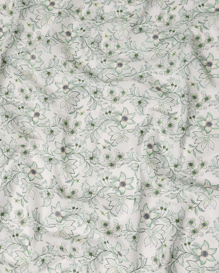 White Floral Embroidered Cotton Voile Fabric Soft Lightweight Breathable Green Botanical Flower Embroidery Dressmaking Sewing Apparel Fabric 110 Cms Width Made In India-D28402