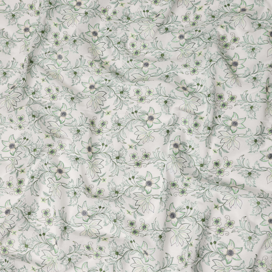 White Floral Embroidered Cotton Voile Fabric Soft Lightweight Breathable Green Botanical Flower Embroidery Dressmaking Sewing Apparel Fabric 110 Cms Width Made In India-D28402