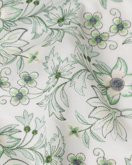 White Floral Embroidered Cotton Voile Fabric Soft Lightweight Breathable Green Botanical Flower Embroidery Dressmaking Sewing Apparel Fabric 110 Cms Width Made In India-D28402
