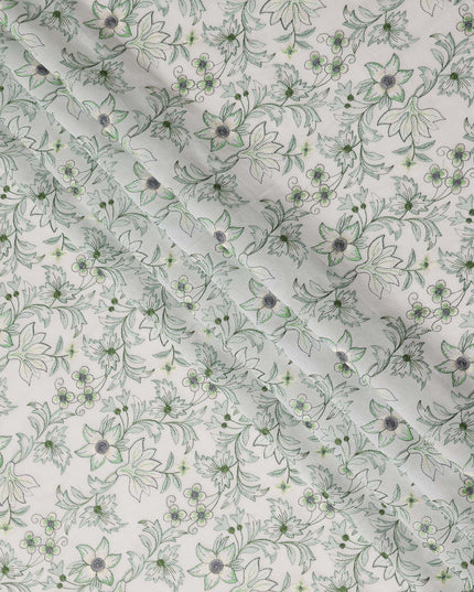 White Floral Embroidered Cotton Voile Fabric Soft Lightweight Breathable Green Botanical Flower Embroidery Dressmaking Sewing Apparel Fabric 110 Cms Width Made In India-D28402