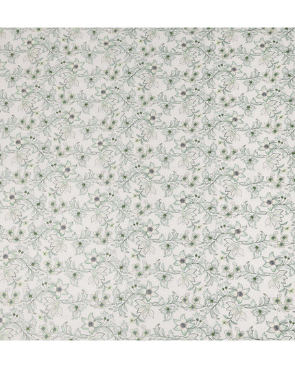 White Floral Embroidered Cotton Voile Fabric Soft Lightweight Breathable Green Botanical Flower Embroidery Dressmaking Sewing Apparel Fabric 110 Cms Width Made In India-D28402