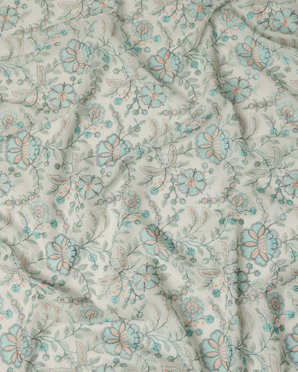 Off White Floral Embroidered Cotton Voile Fabric Soft Lightweight Breathable Multicolor Botanical Flower Embroidery Dressmaking Sewing Apparel Fabric 110 Cms Width Made In India-D28403