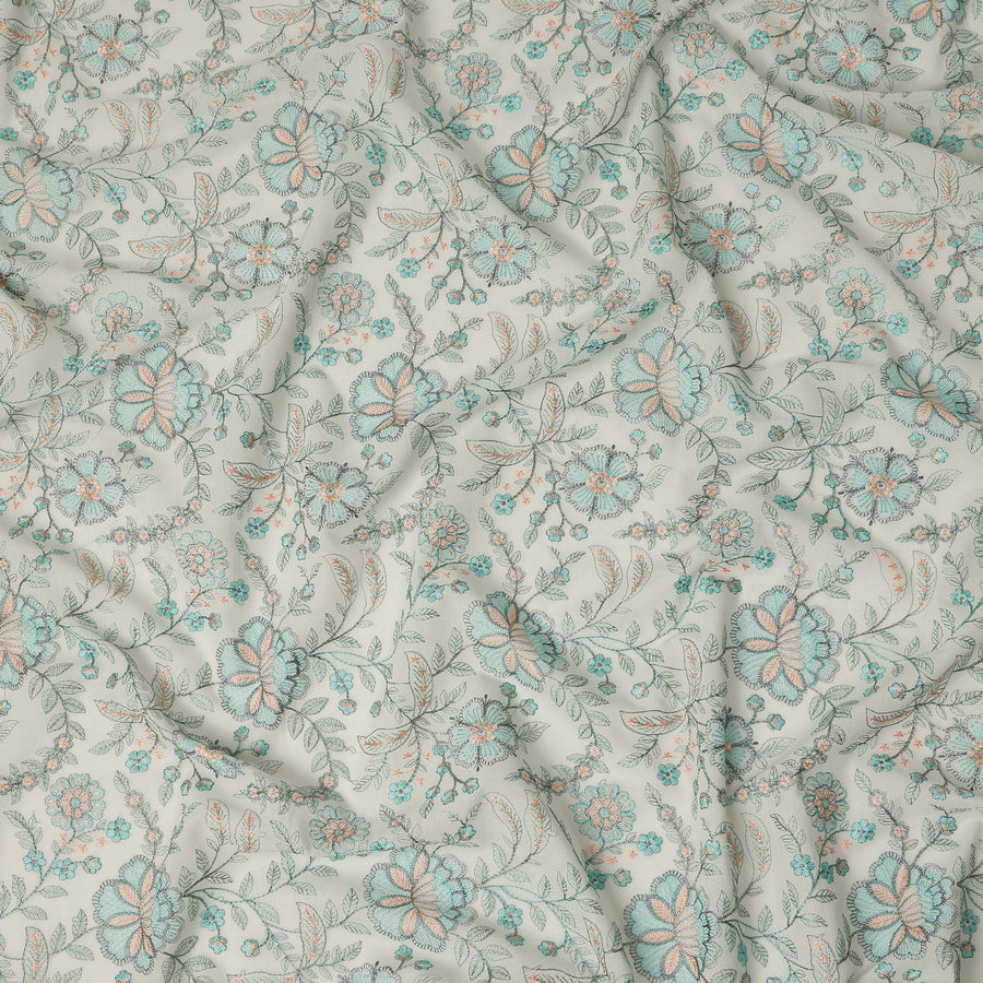 Off White Floral Embroidered Cotton Voile Fabric Soft Lightweight Breathable Multicolor Botanical Flower Embroidery Dressmaking Sewing Apparel Fabric 110 Cms Width Made In India-D28403