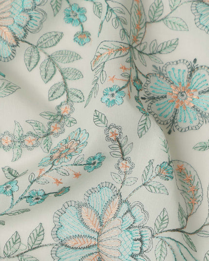 Off White Floral Embroidered Cotton Voile Fabric Soft Lightweight Breathable Multicolor Botanical Flower Embroidery Dressmaking Sewing Apparel Fabric 110 Cms Width Made In India-D28403