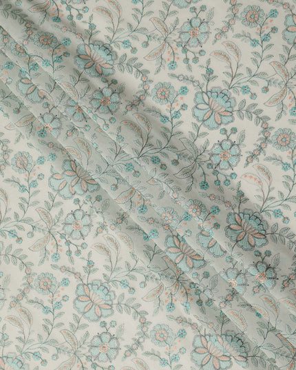 Off White Floral Embroidered Cotton Voile Fabric Soft Lightweight Breathable Multicolor Botanical Flower Embroidery Dressmaking Sewing Apparel Fabric 110 Cms Width Made In India-D28403
