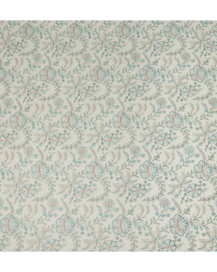 Off White Floral Embroidered Cotton Voile Fabric Soft Lightweight Breathable Multicolor Botanical Flower Embroidery Dressmaking Sewing Apparel Fabric 110 Cms Width Made In India-D28403