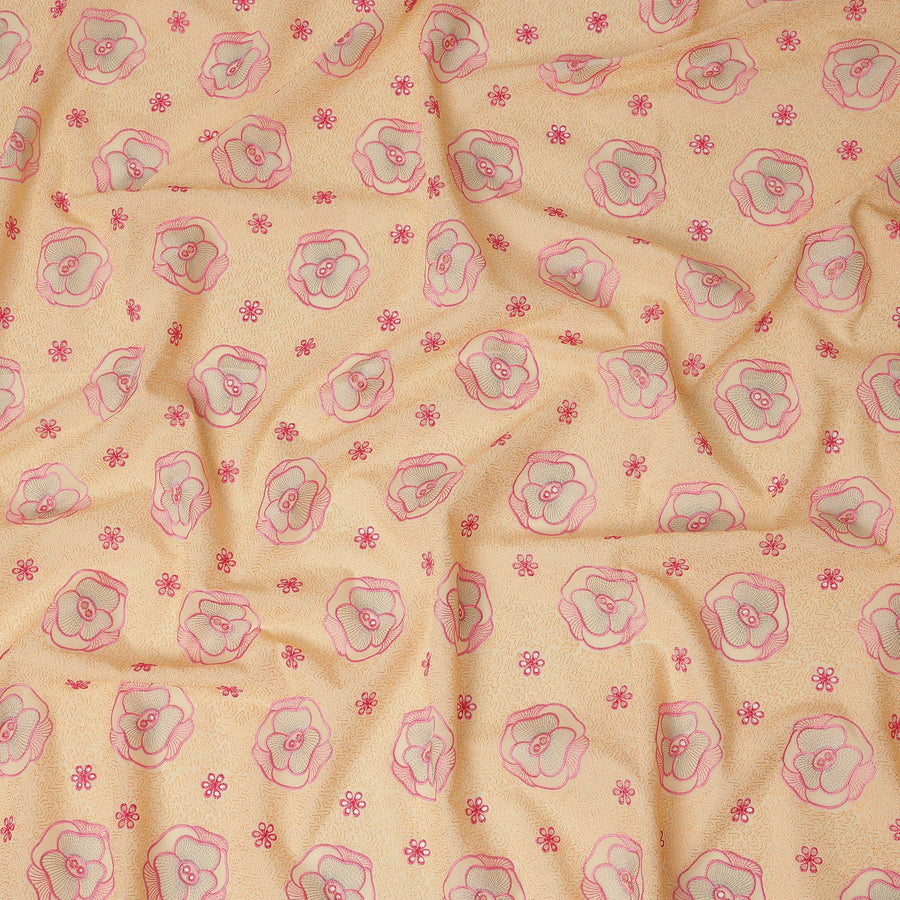 Peach Floral Embroidered Cotton Voile Fabric Soft Lightweight Breathable Pink Flower Embroidery Dressmaking Sewing Apparel Fabric 110 Cms Width Made In India-D28404