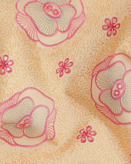 Peach Floral Embroidered Cotton Voile Fabric Soft Lightweight Breathable Pink Flower Embroidery Dressmaking Sewing Apparel Fabric 110 Cms Width Made In India-D28404