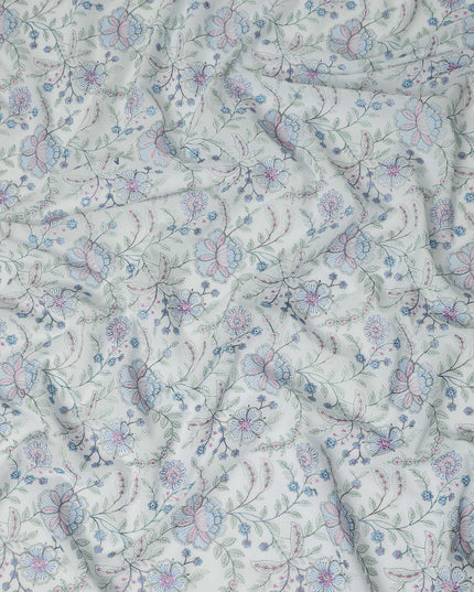 White Floral Embroidered Cotton Voile Fabric Soft Lightweight Breathable Multicolor Botanical Flower Embroidery Dressmaking Sewing Apparel Fabric 110 Cms Width Made In India-D28405