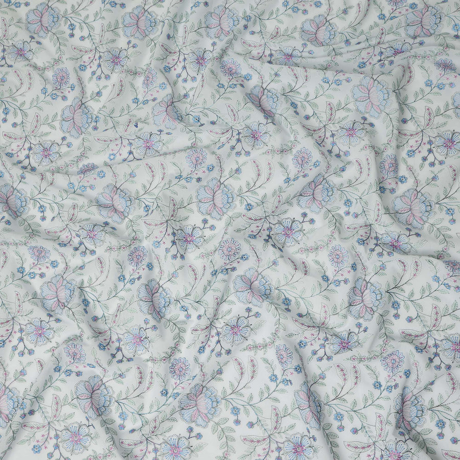 White Floral Embroidered Cotton Voile Fabric Soft Lightweight Breathable Multicolor Botanical Flower Embroidery Dressmaking Sewing Apparel Fabric 110 Cms Width Made In India-D28405