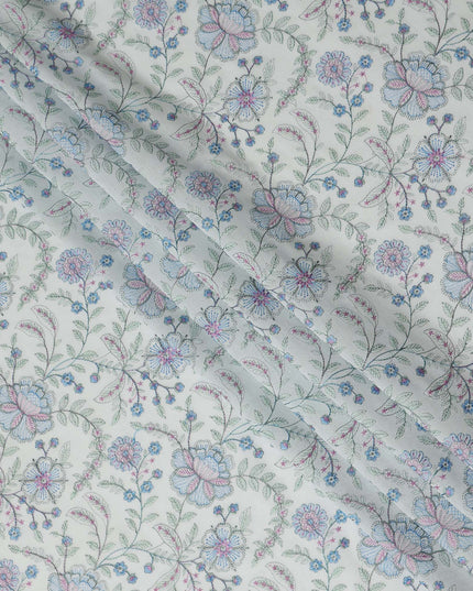 White Floral Embroidered Cotton Voile Fabric Soft Lightweight Breathable Multicolor Botanical Flower Embroidery Dressmaking Sewing Apparel Fabric 110 Cms Width Made In India-D28405
