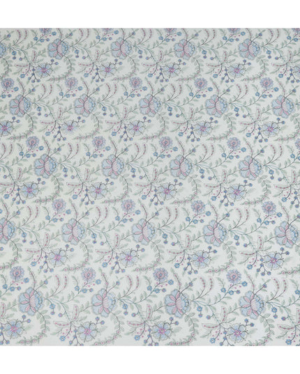White Floral Embroidered Cotton Voile Fabric Soft Lightweight Breathable Multicolor Botanical Flower Embroidery Dressmaking Sewing Apparel Fabric 110 Cms Width Made In India-D28405