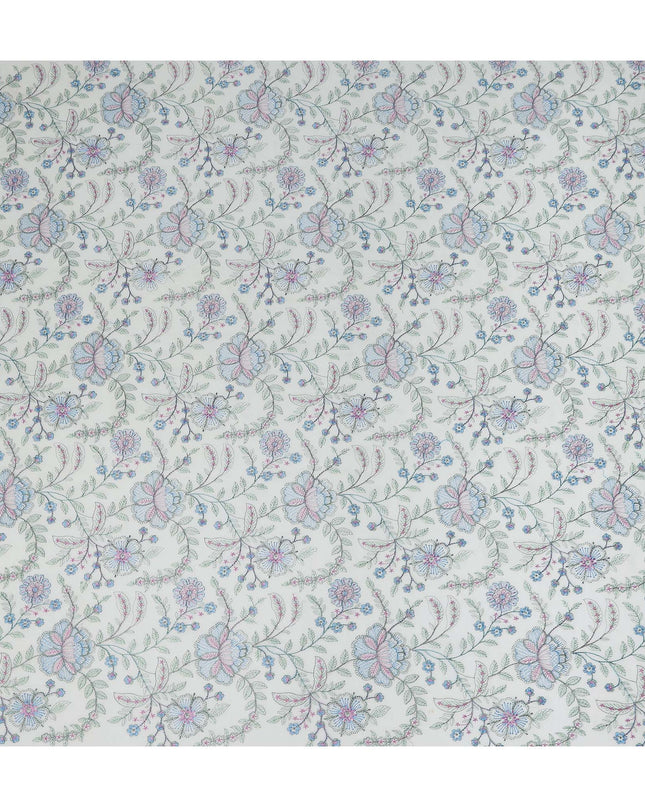 White Floral Embroidered Cotton Voile Fabric Soft Lightweight Breathable Multicolor Botanical Flower Embroidery Dressmaking Sewing Apparel Fabric 110 Cms Width Made In India-D28405