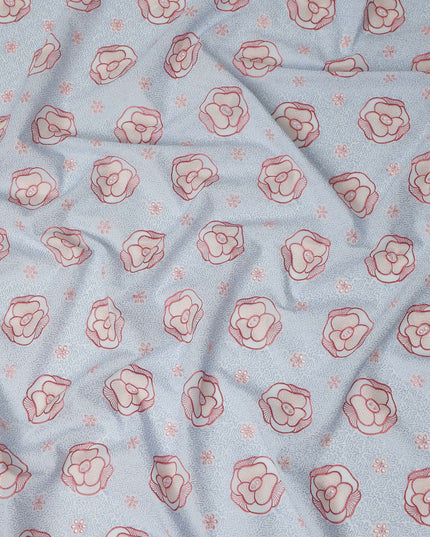 Light Blue Floral Embroidered Cotton Voile Fabric Soft Lightweight Breathable Pink Flower Embroidery Dressmaking Sewing Apparel Fabric 110 Cms Width Made In India-D28406