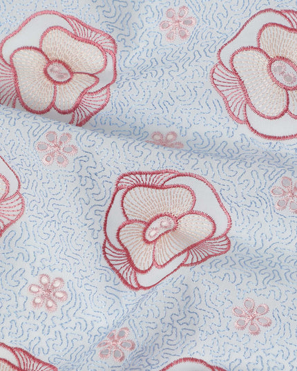 Light Blue Floral Embroidered Cotton Voile Fabric Soft Lightweight Breathable Pink Flower Embroidery Dressmaking Sewing Apparel Fabric 110 Cms Width Made In India-D28406