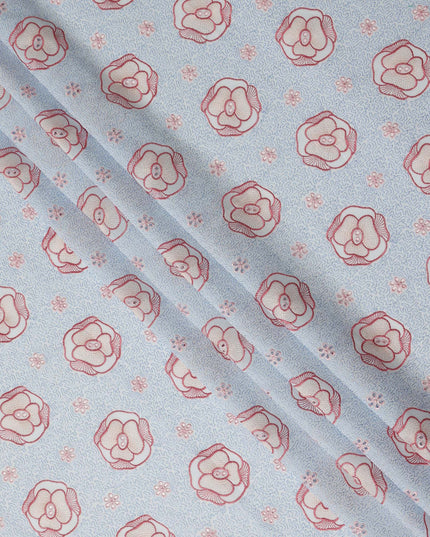 Light Blue Floral Embroidered Cotton Voile Fabric Soft Lightweight Breathable Pink Flower Embroidery Dressmaking Sewing Apparel Fabric 110 Cms Width Made In India-D28406
